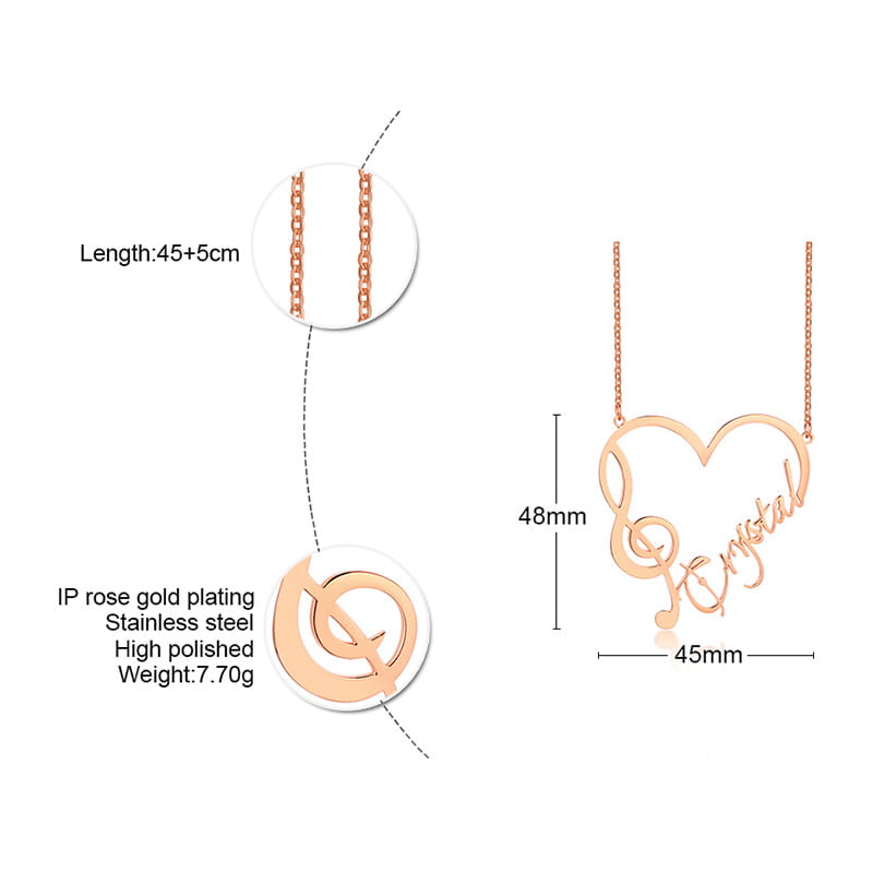 Rose gold heart-shaped stainless steel necklace with musical note and name jewelry.
