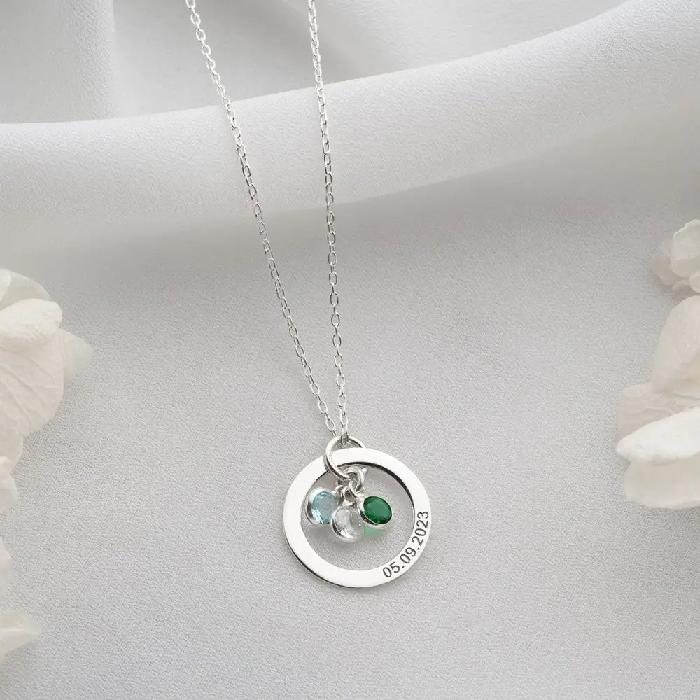 Personalized Engraved Birthstone Circle Necklace in Rose Gold with Gemstone Pendants