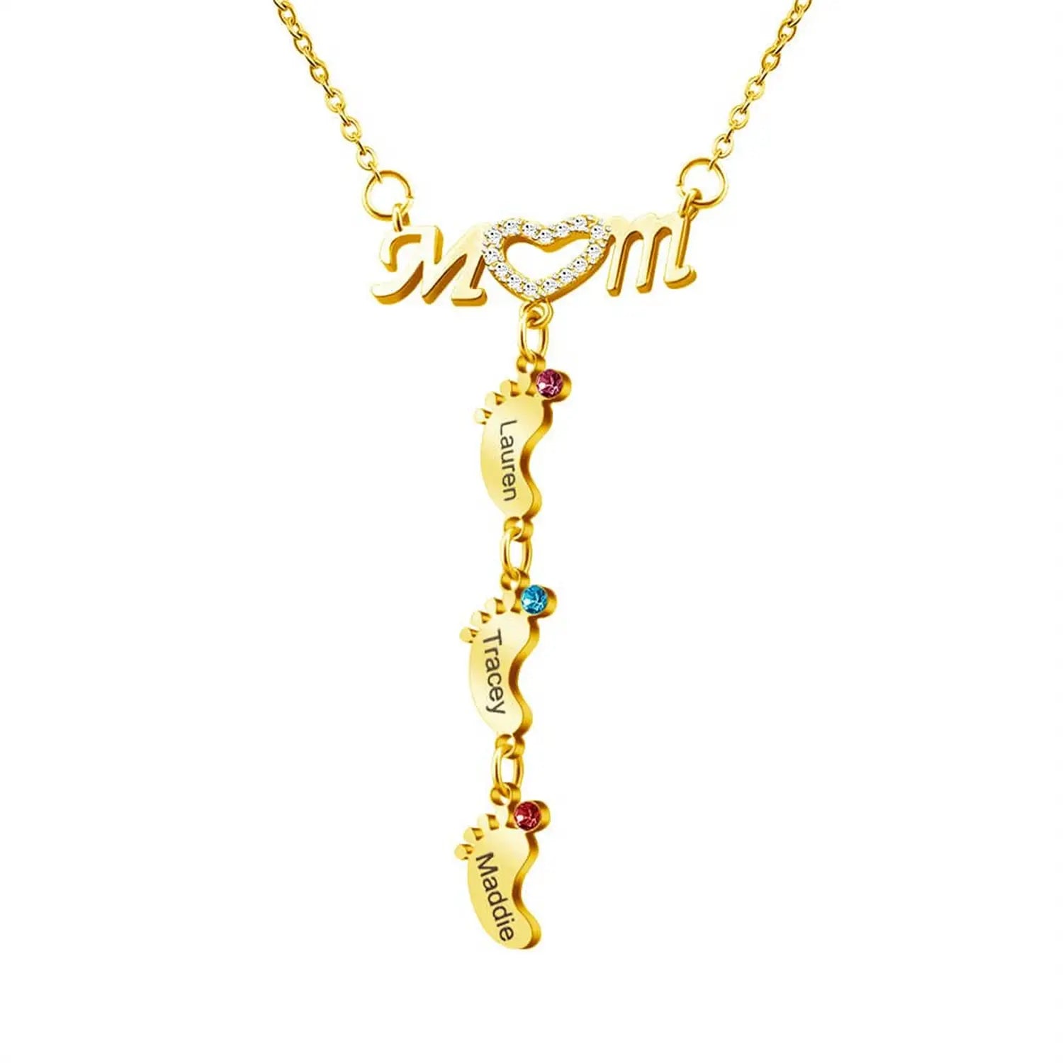 Personalized MOM Necklace with Foot Engraving and Birthstone Options