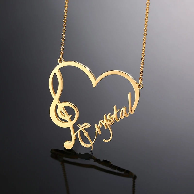 Gold heart-shaped personalized necklace in stainless steel jewelry with musical note.