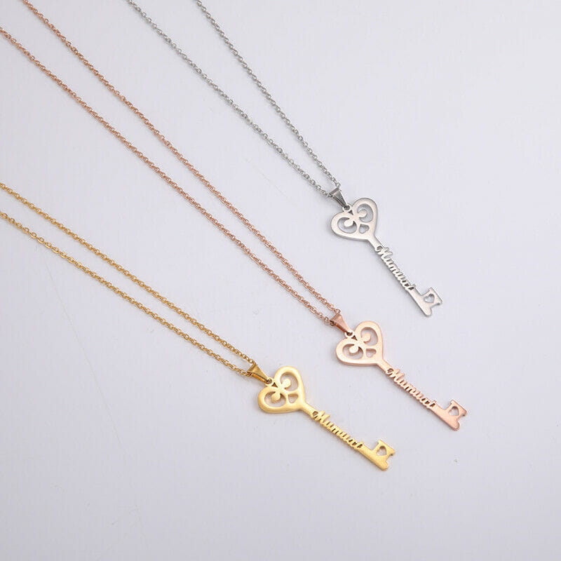 Custom Key Shaped Name Necklace in Stainless Steel for Couples