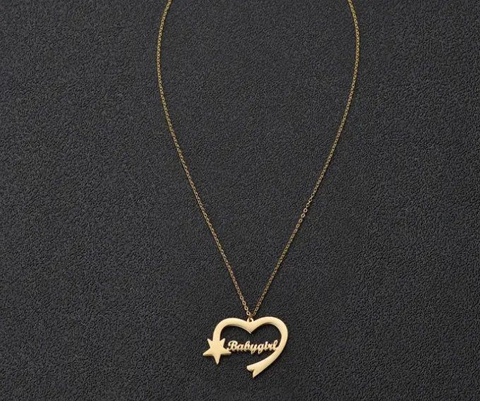 Gold Love Heart Shaped Necklace with Personalized Cut Name for a unique gift.