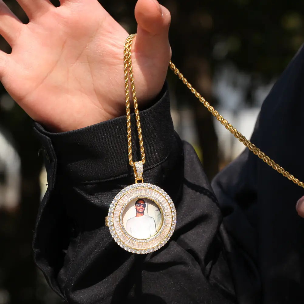 Gold Micro Inlaid Cubic Personalized Photo Pendant Necklace with diamond-encrusted charm.