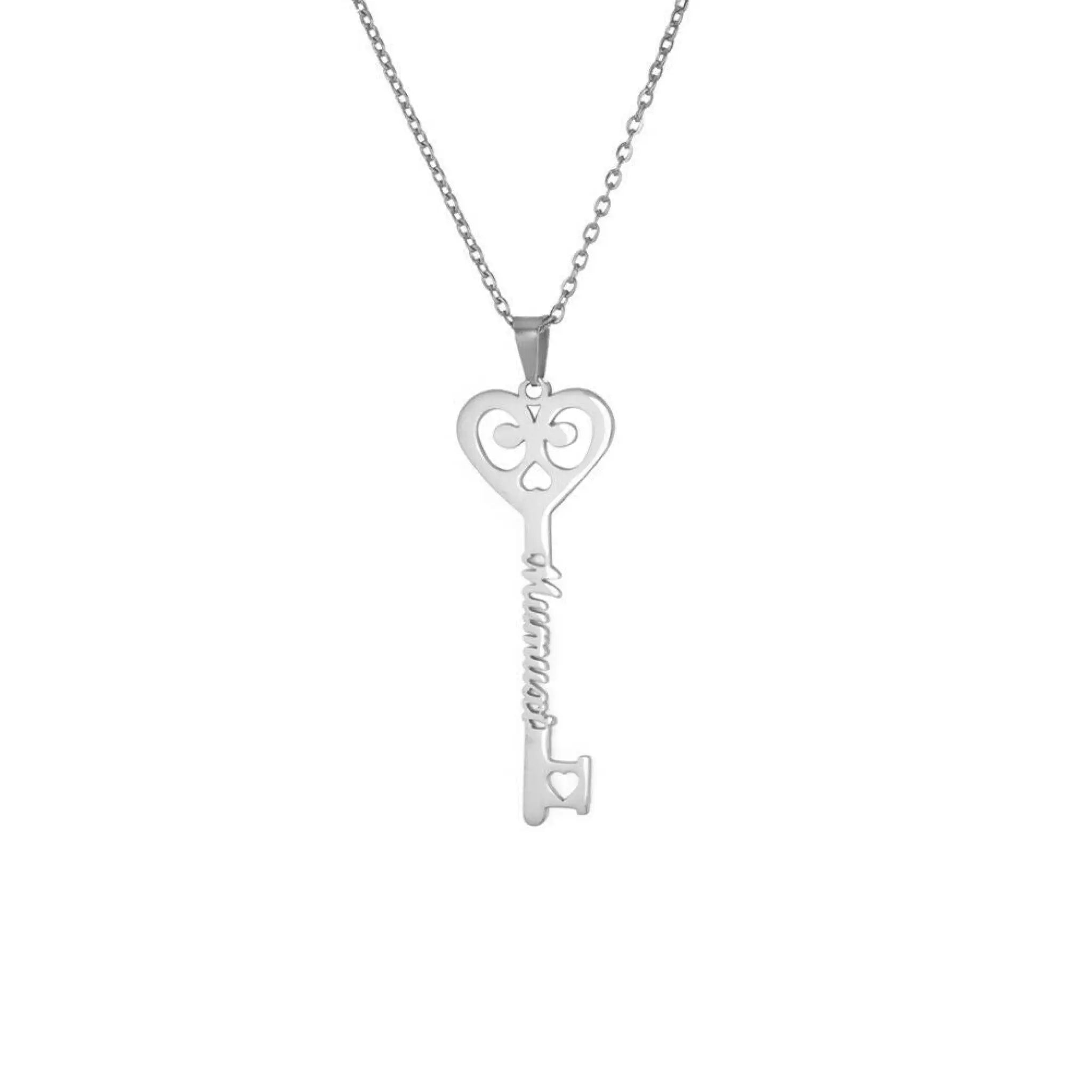 Custom Key Shaped Name Necklace Women’s Stainless Steel Vertical Pendant Jewelry Couple Necklace - Silver / 40cm - 7