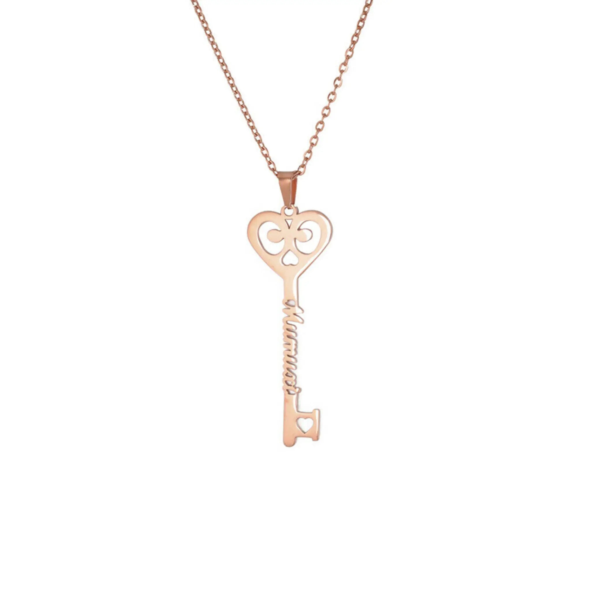 Custom Key Shaped Name Necklace Women’s Stainless Steel Vertical Pendant Jewelry Couple Necklace - Rose Gold / 40cm - 7