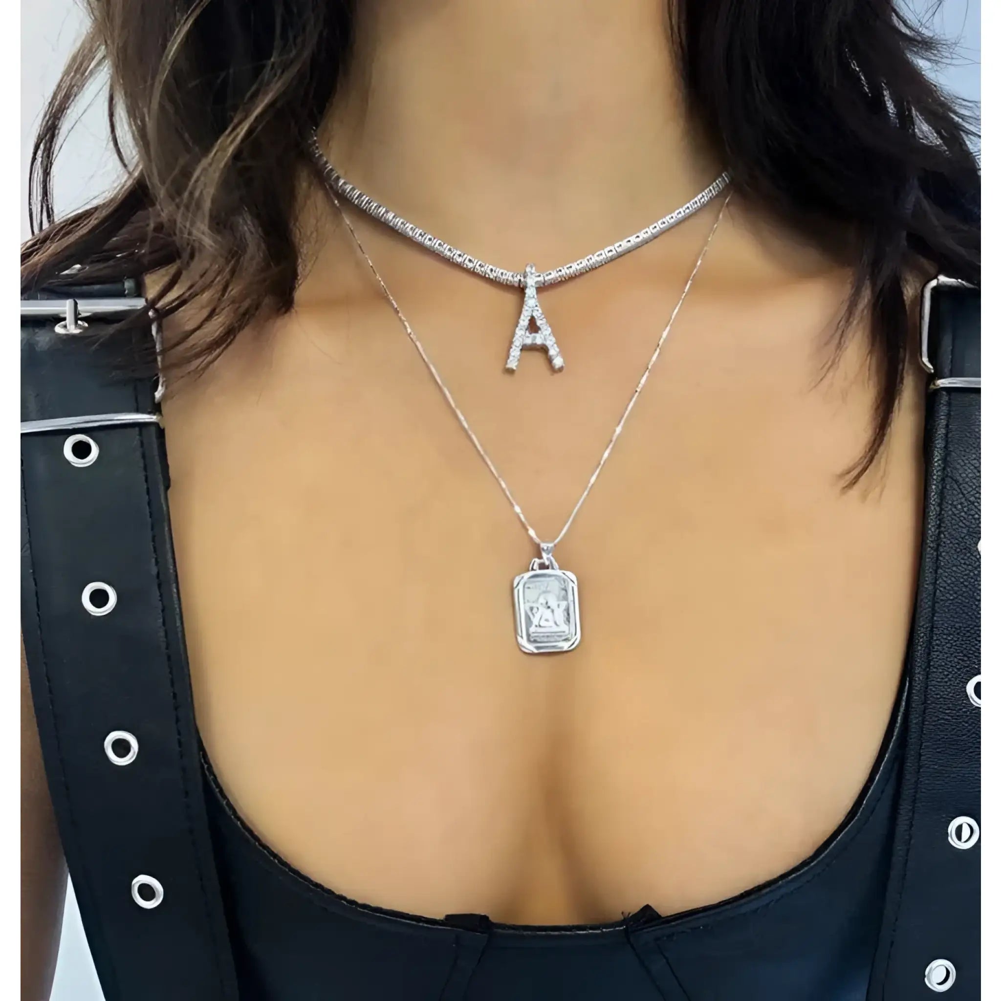 Custom silver tennis personalized name choker initial letter pendant necklace