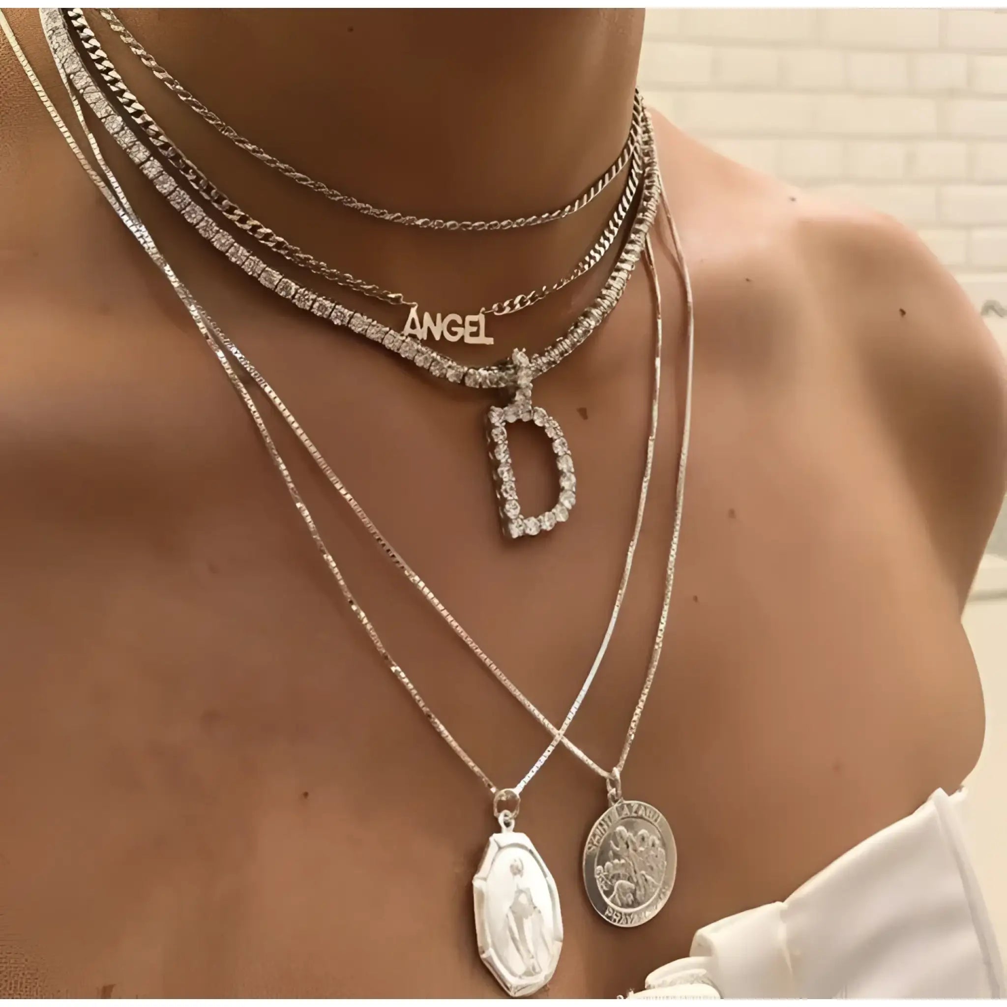 Custom silver tennis personalized name choker initial letter pendant necklace