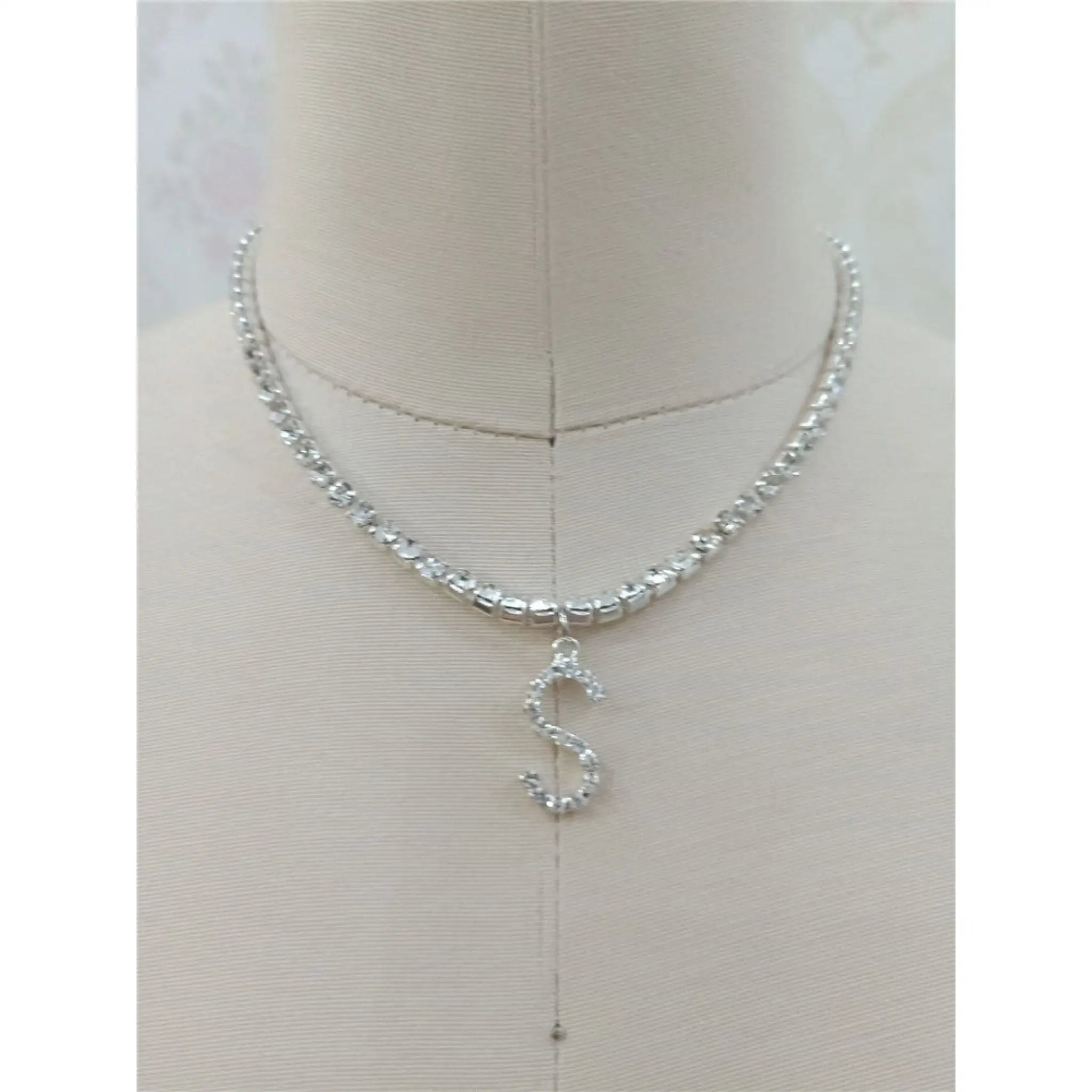 Custom silver tennis personalized name choker initial letter pendant necklace - S