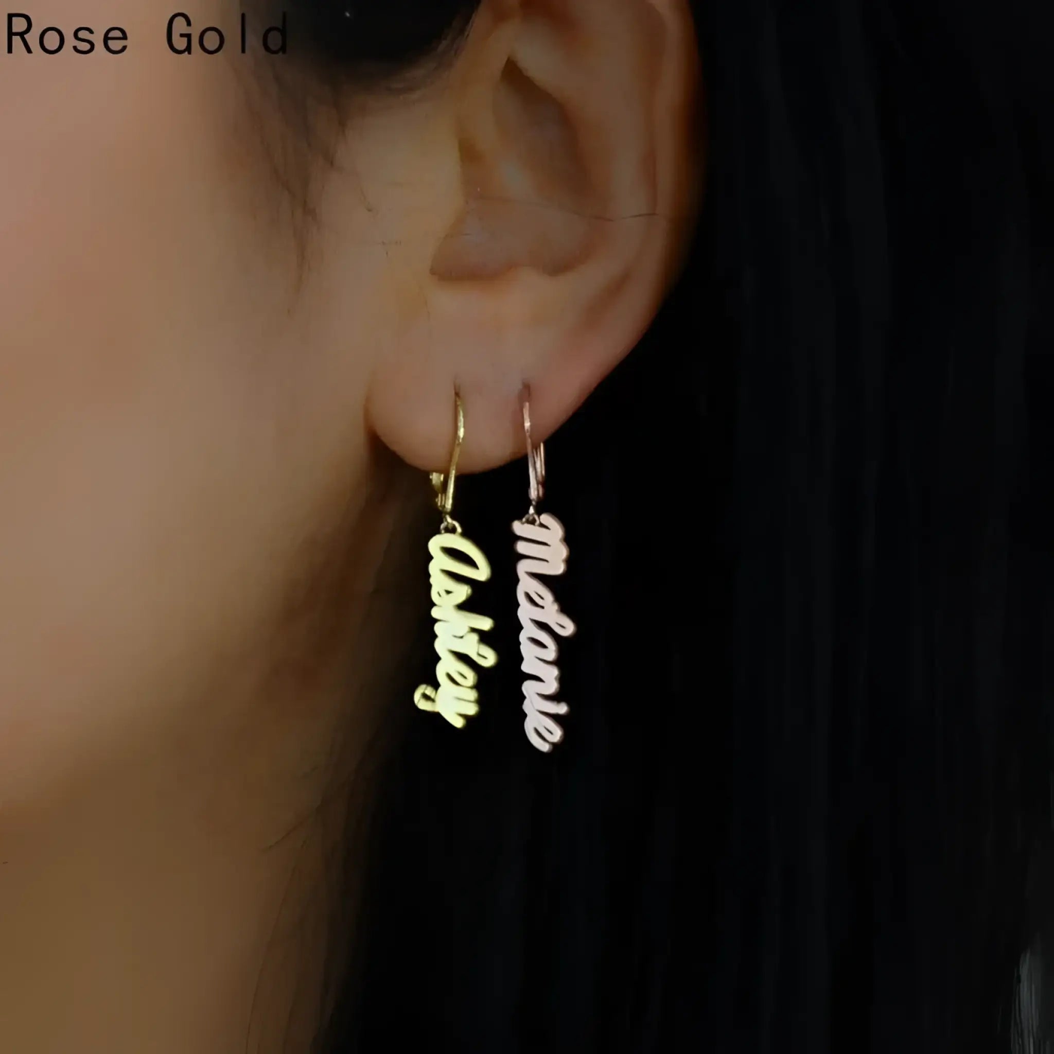 Custom Vertical Name Earrings Dangle Jewelry for Women Stainless Steel - Rose gold - 7
