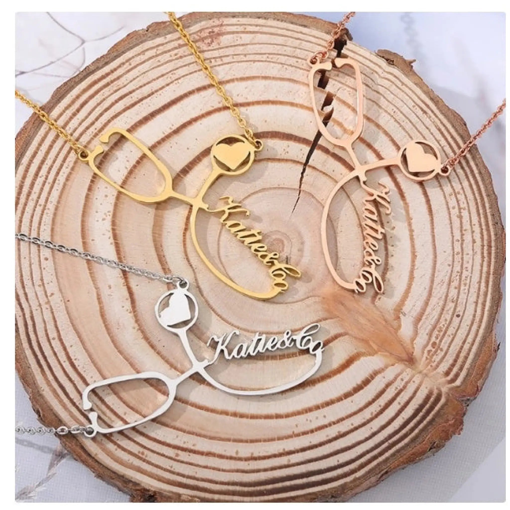 Customized Stainless Steel Stethoscope Name Necklace for Women Jewelry Gift - Rose gold / 50cm - Necklace