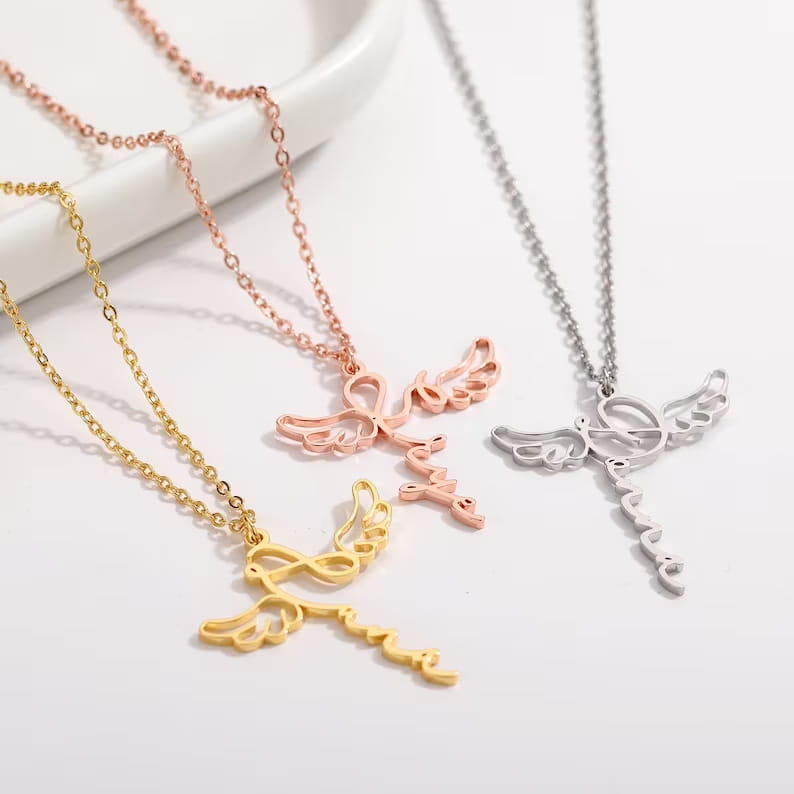 Hollowed Out Angel Wings Stainless Steel Name Necklace for Fashion Lovers
