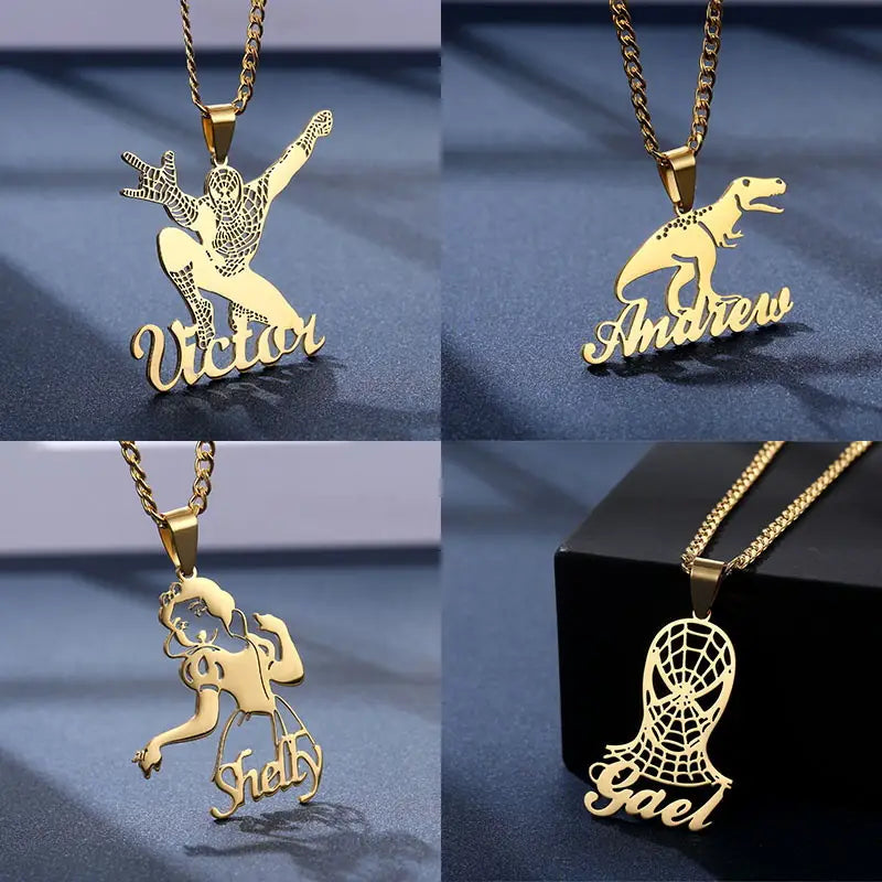 Goldene Namenskette mit Zeichentrickfiguren aus Edelstahl für jedermann
