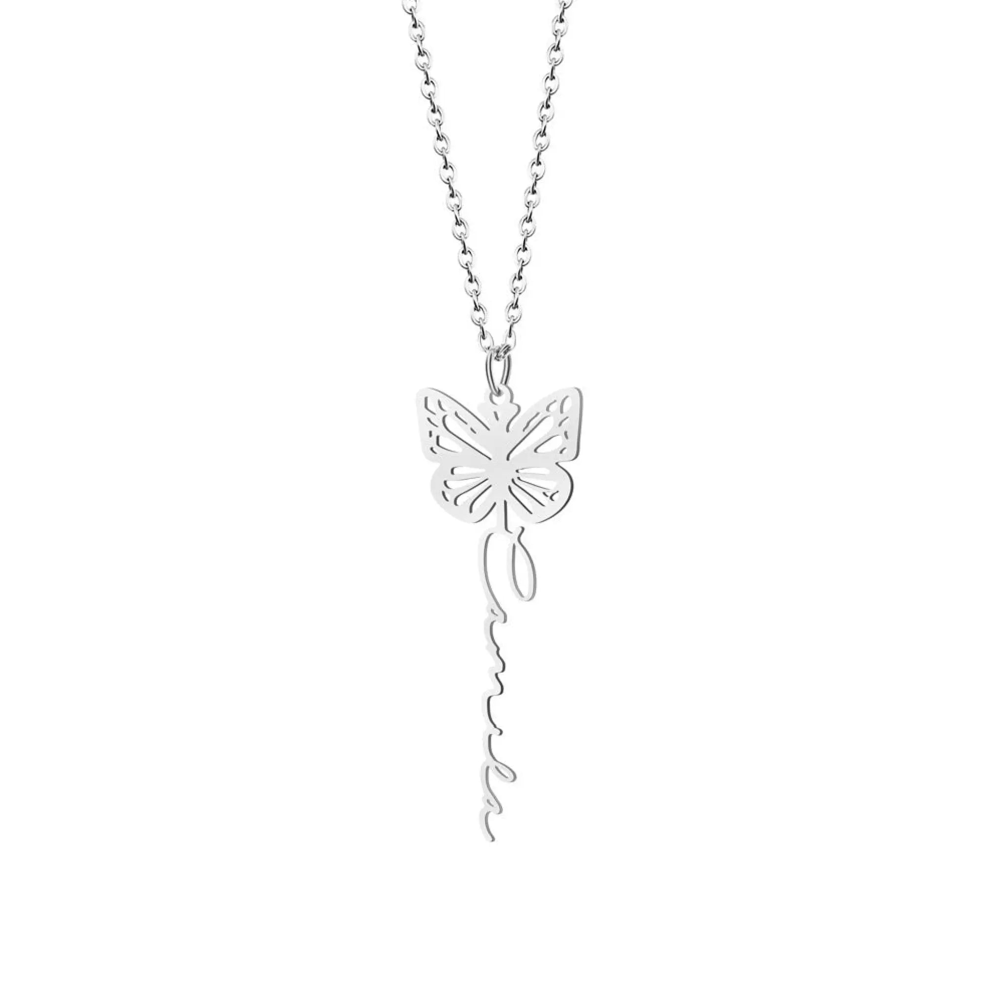December Birthday Butterfly Name Necklace Titanium Steel Non Fading Collarbone Chain - Vertical steel color / January