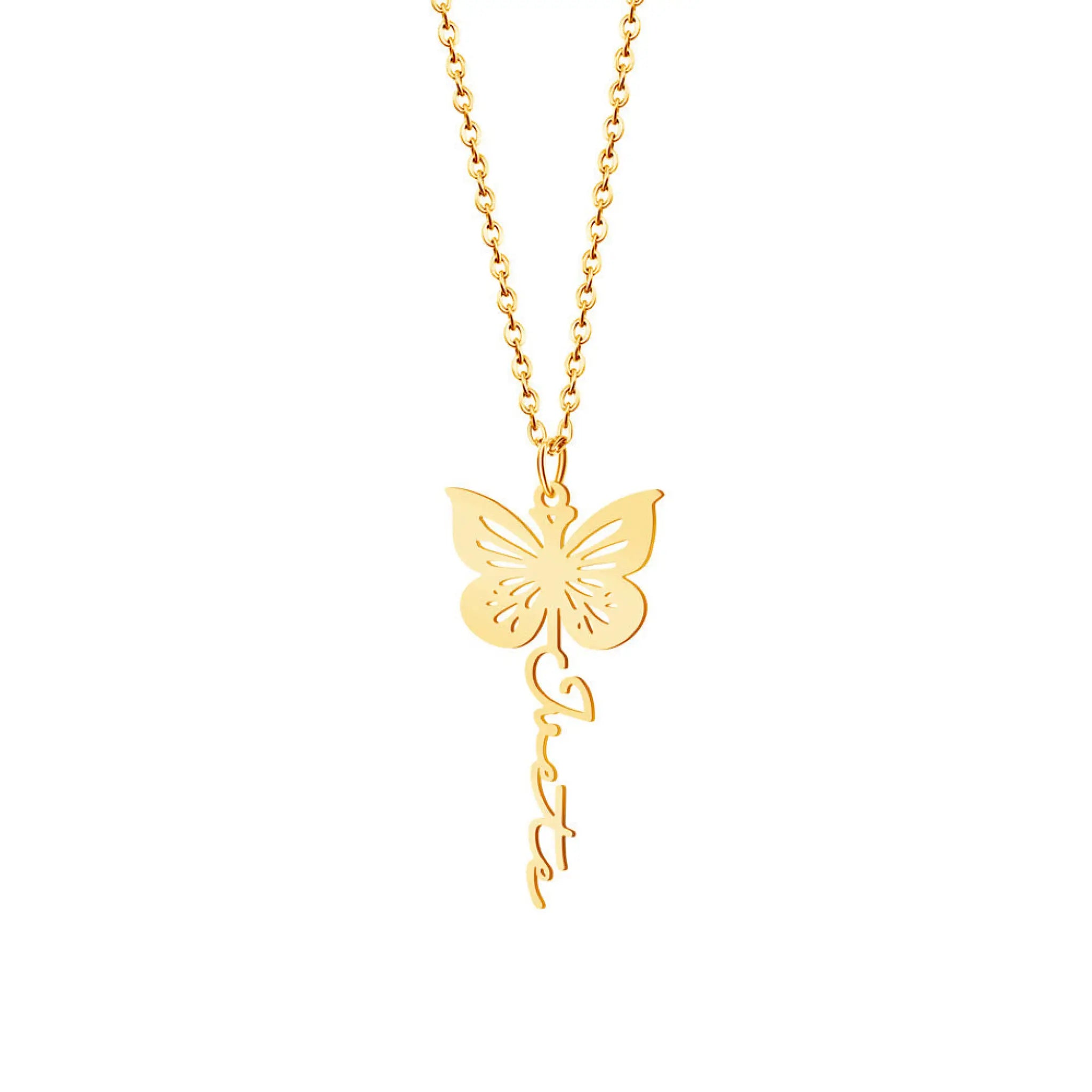 December Birthday Butterfly Name Necklace Titanium Steel Non Fading Collarbone Chain - Vertical gold / January - 7