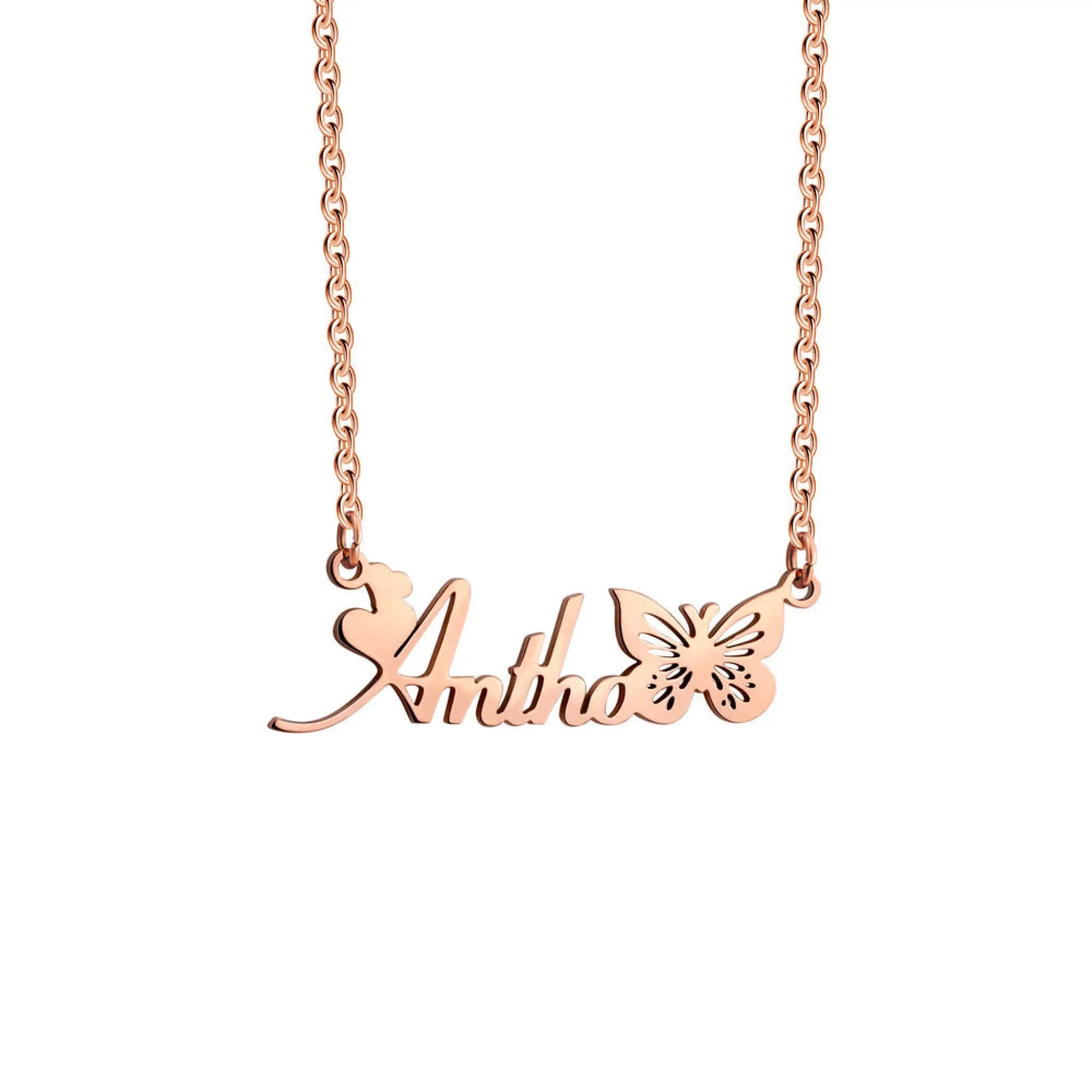 December Birthday Butterfly Name Necklace Titanium Steel Non Fading Collarbone Chain - Horizontal Rose Gold / January