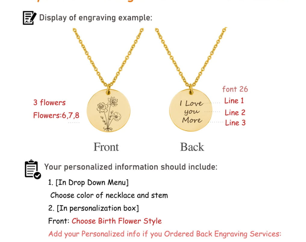 Personalized flower necklace featuring engraved floral designs and text for combination birthday flowers.