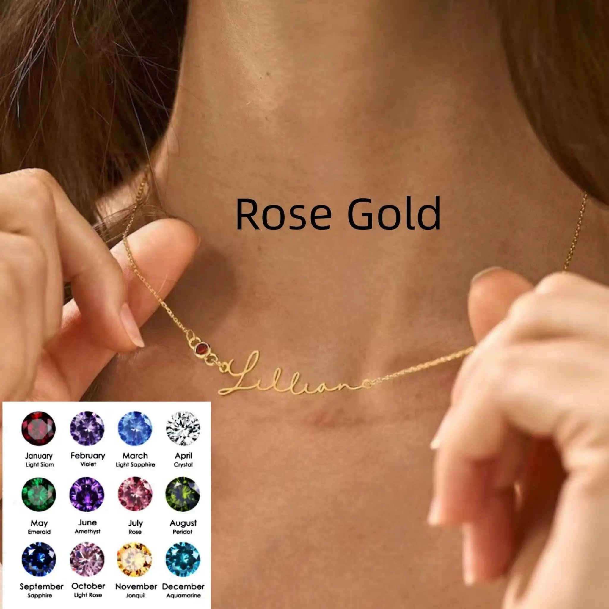 DIY Birth Stone Personalized Stainless Steel Necklace - Rose Gold / January - 7