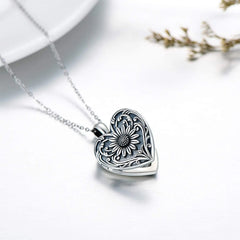 Double-sided Photo Couple Pendant Sunflower Carved Peach Heart Engraved Word Necklace - 7