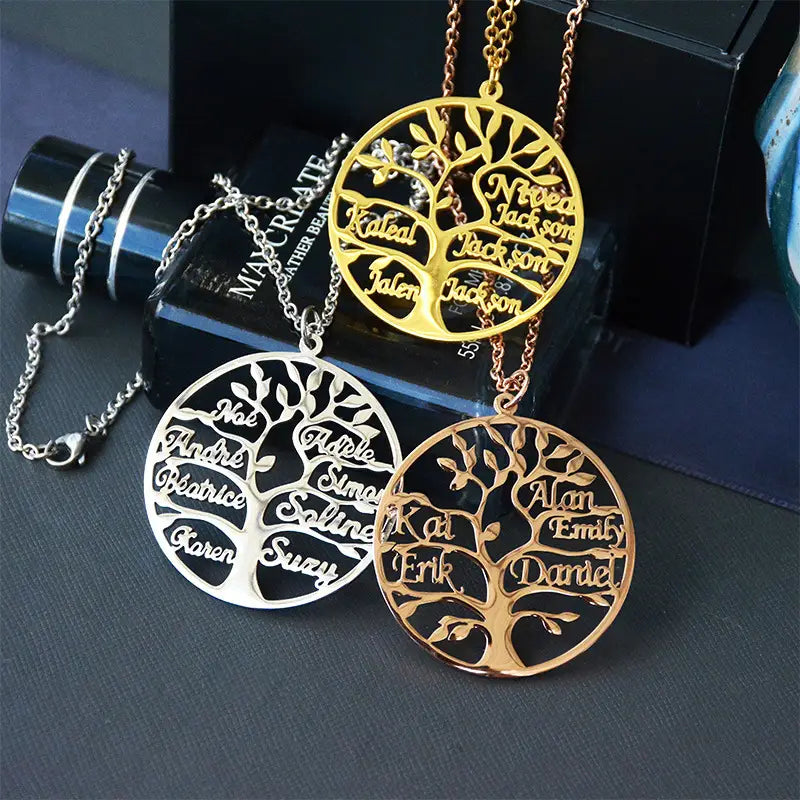 Three personalized Tree Of Life Multi-Name Design Family Necklaces in Gold Titanium Steel.