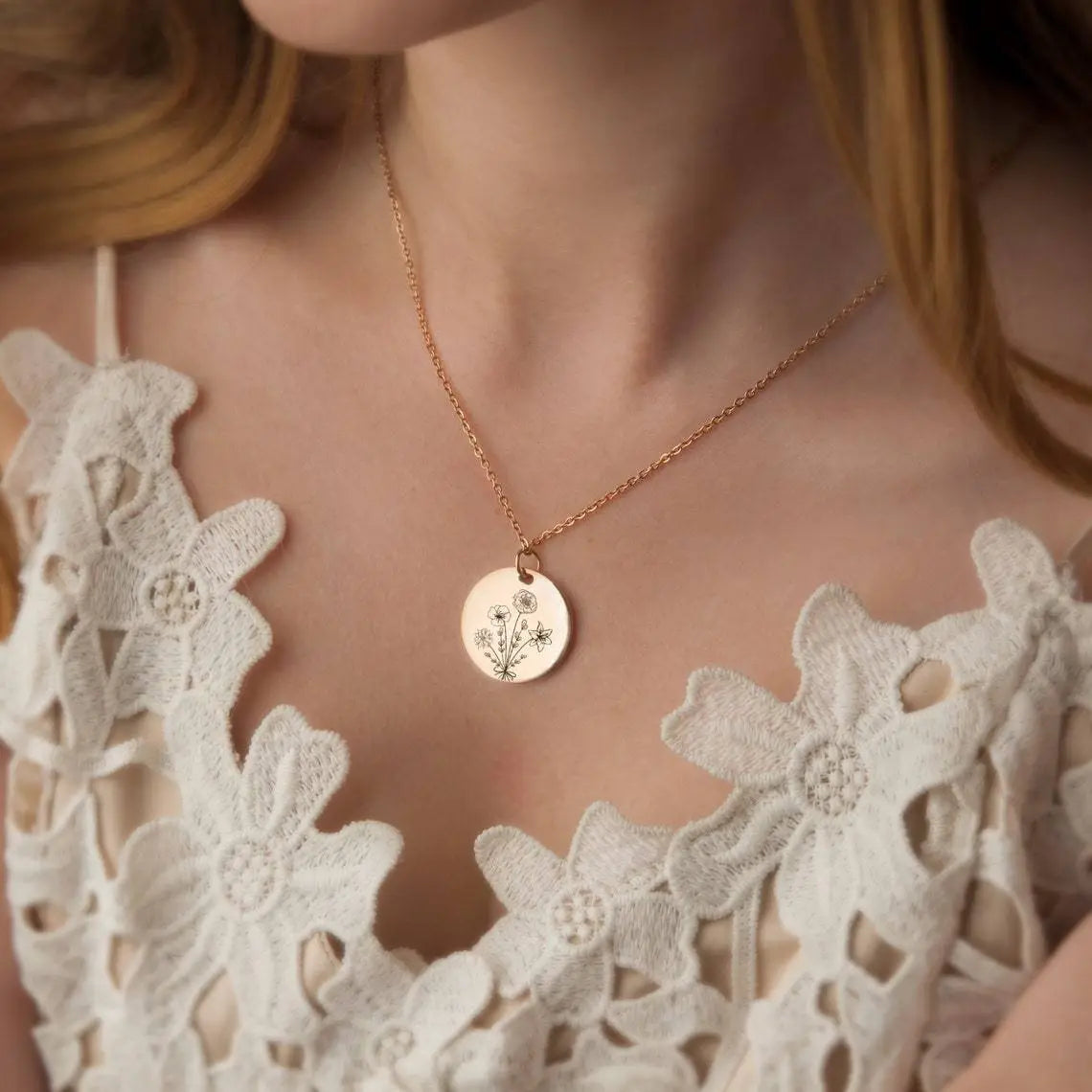 Gold flower pendant necklace from Combination Birthday Flowers Personalized Flower Necklace