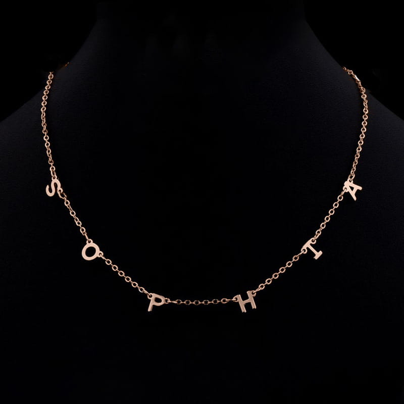 Gold Sophia name necklace in custom cute multi letter design for fashion women jewelry.