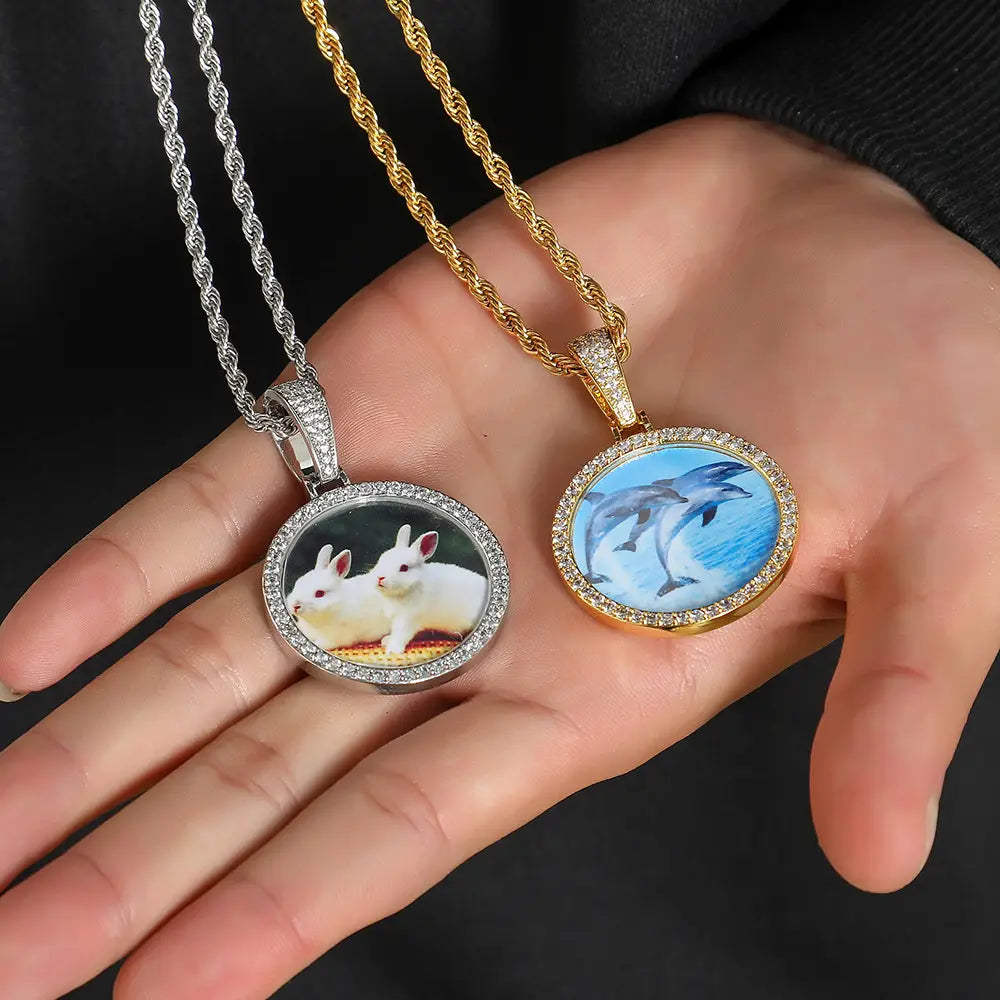Rose Gold Round Photo Pendant Necklace with Twist Chain