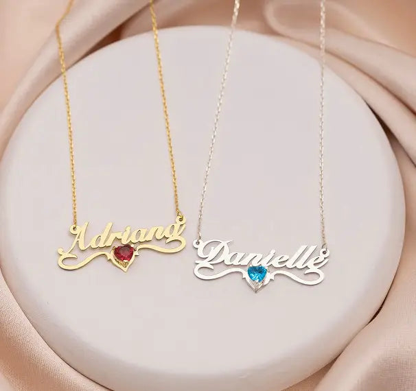 Customized Stainless Steel Necklace in Katie Font with Ruby Birthstone