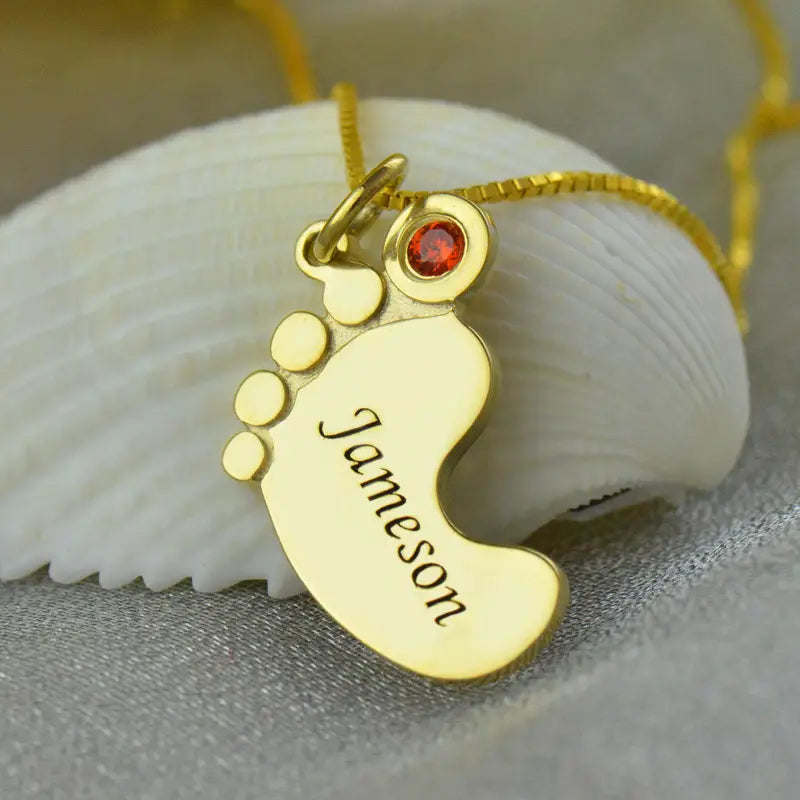 Personalized Name Necklace with Baby Feet in Stainless Steel Jewelry