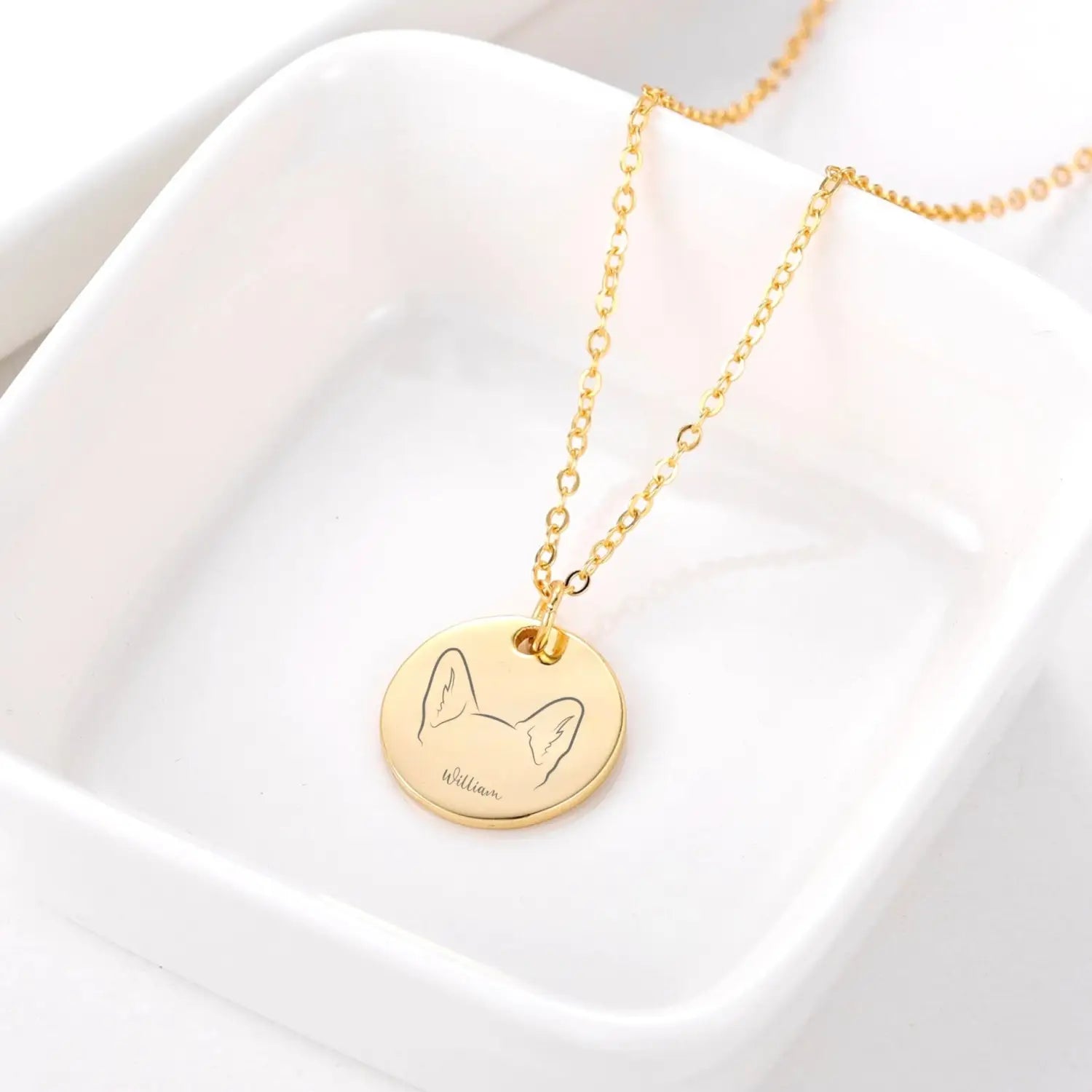 Gold Stainless Steel Dog Ear Round Name Necklace for Stylish Women