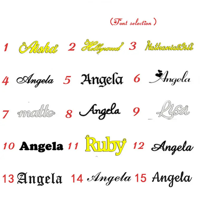 Beispiele für die Schriftartauswahl für personalisierte silberne Tiffany-Namensohrringe im süßen Legierungsstil