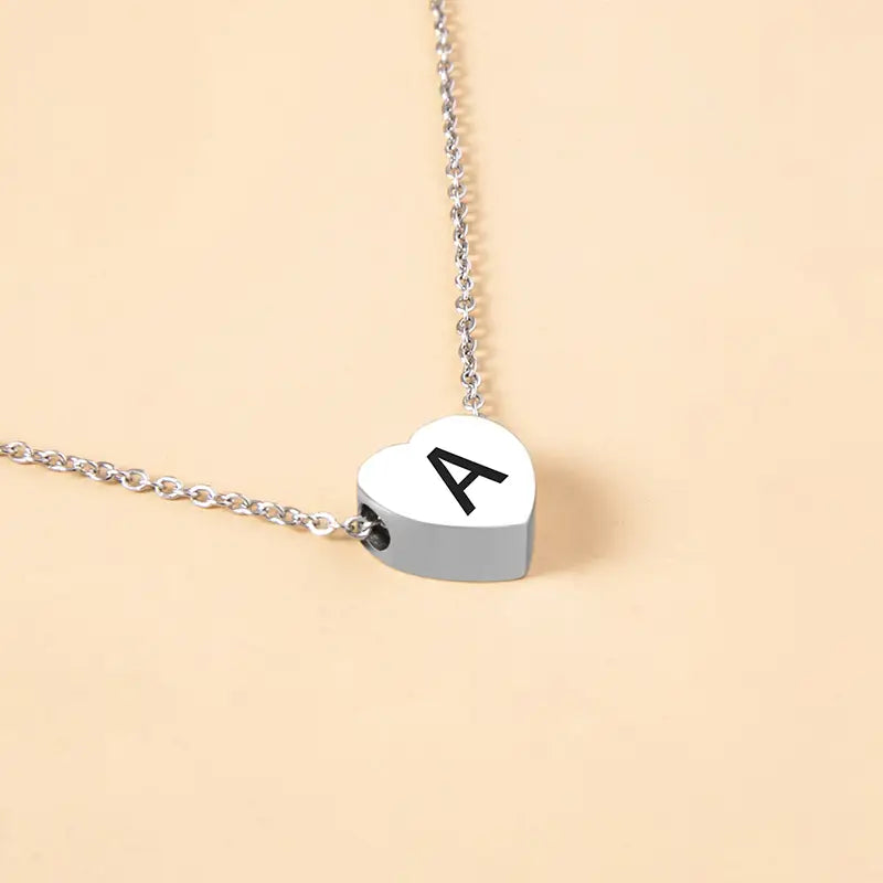 Stainless Steel Heart Pendant Necklace with Initial Letter Charm