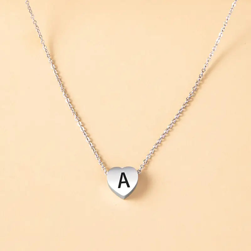 Stainless Steel Heart Pendant Necklace with Initial Letter Charm
