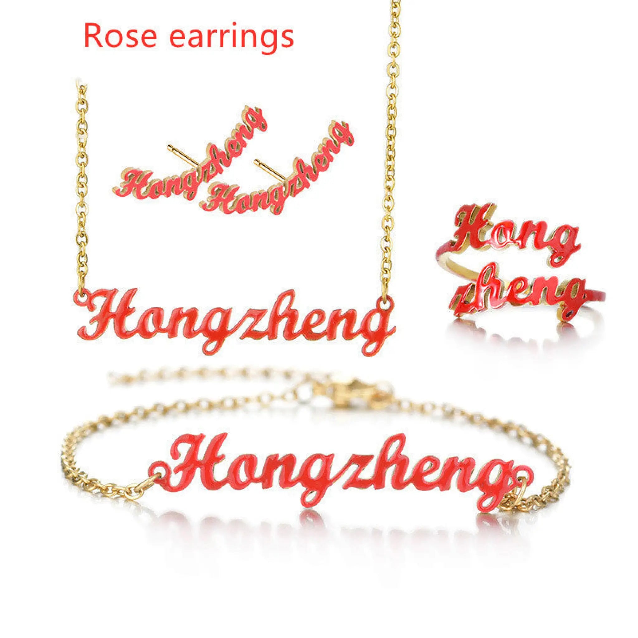 Gold English Name Necklace European And American Stainless Steel - Rose earrings - 7