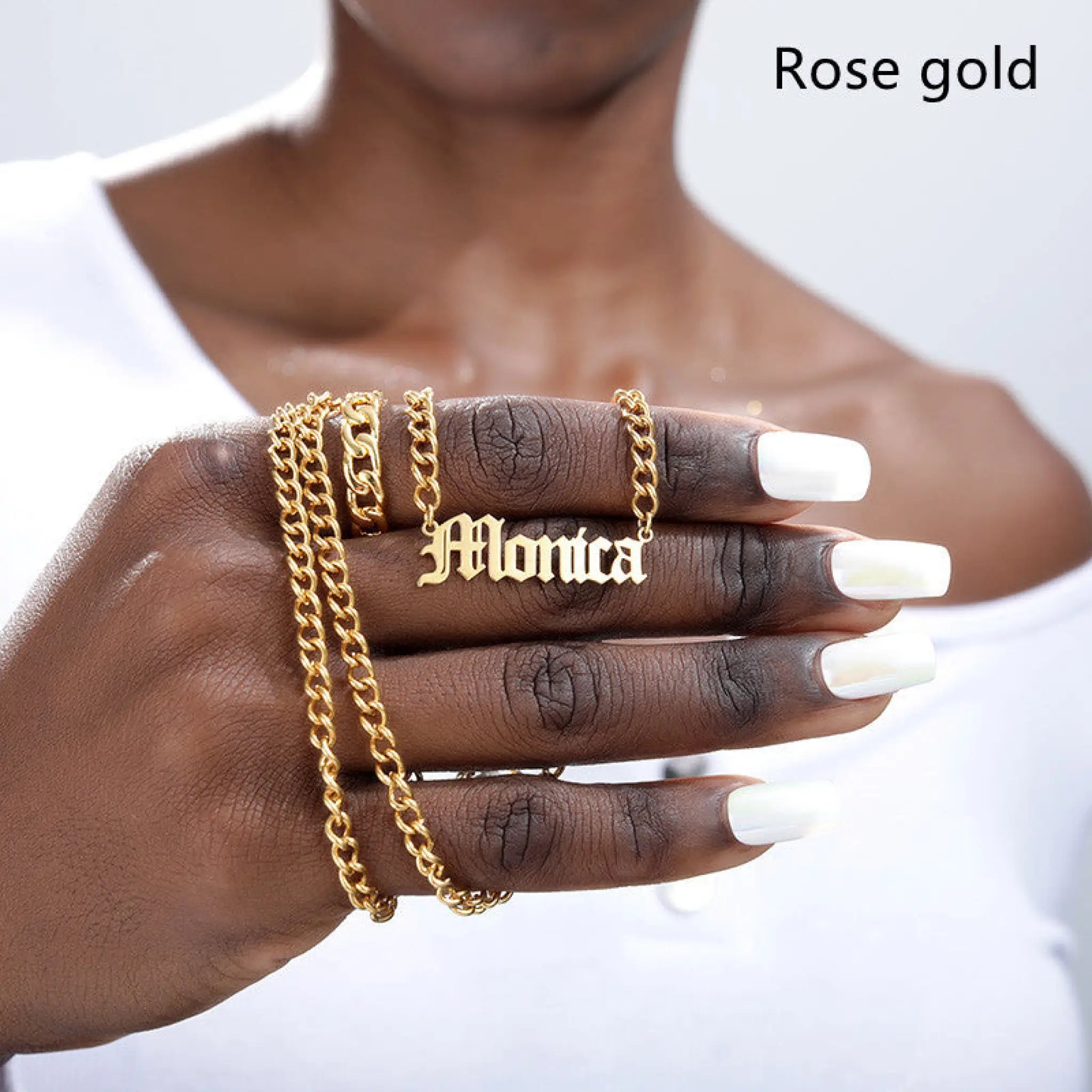 Horsewhip Chain Custom Stainless Steel Old English Name Necklace Ladies Hip Hop Clavicle - 2 Style / Rose Gold - 7