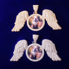 Large Winged Round Photo Copper Hip Hop Photo Frame Pendant Necklace - 7