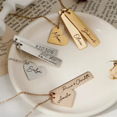Laser Name Heart Rectangle Pendant Necklace - Name Bracelets