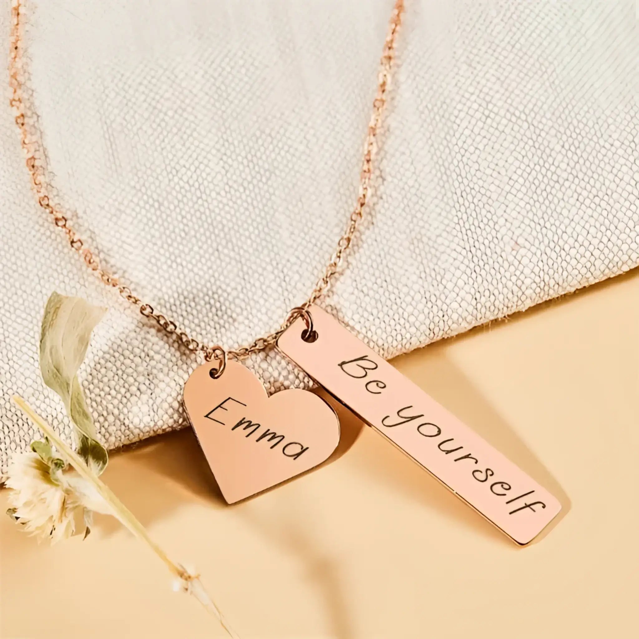 Laser Name Heart Rectangle Pendant Necklace - Rose Gold / 2square tiles - Name Bracelets