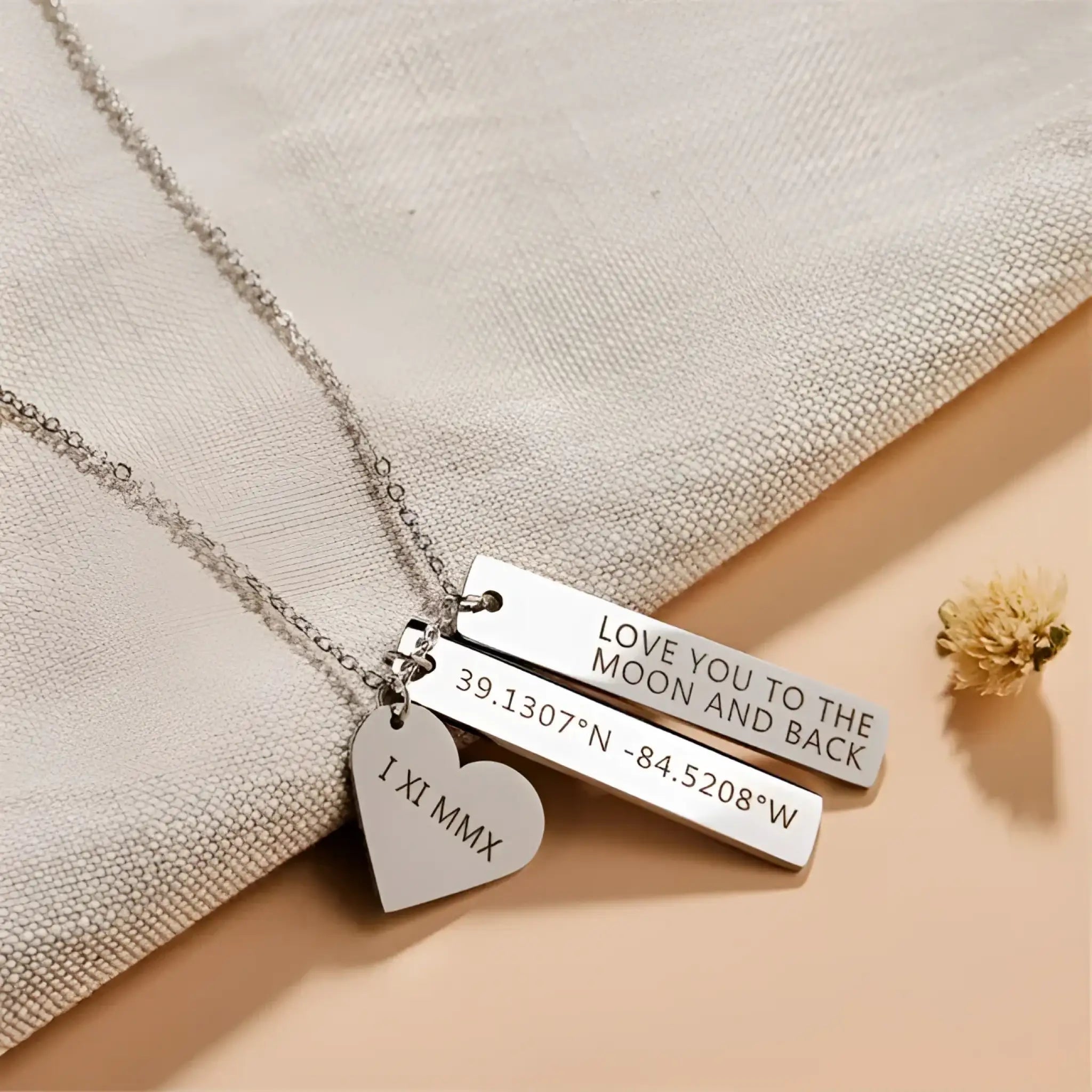 Laser Name Heart Rectangle Pendant Necklace - Silver / 2square tiles - Name Bracelets