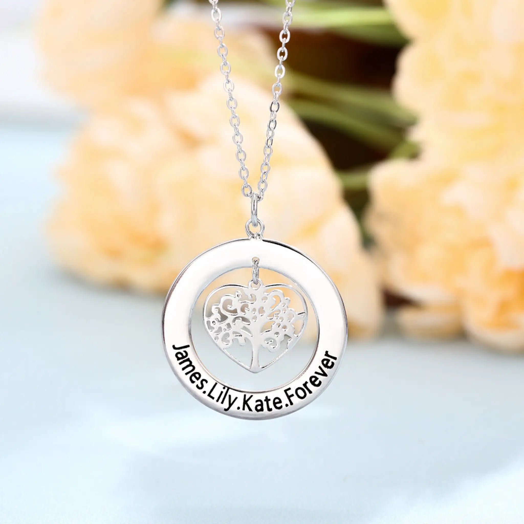 Life Tree carved name custom Necklace - Silver