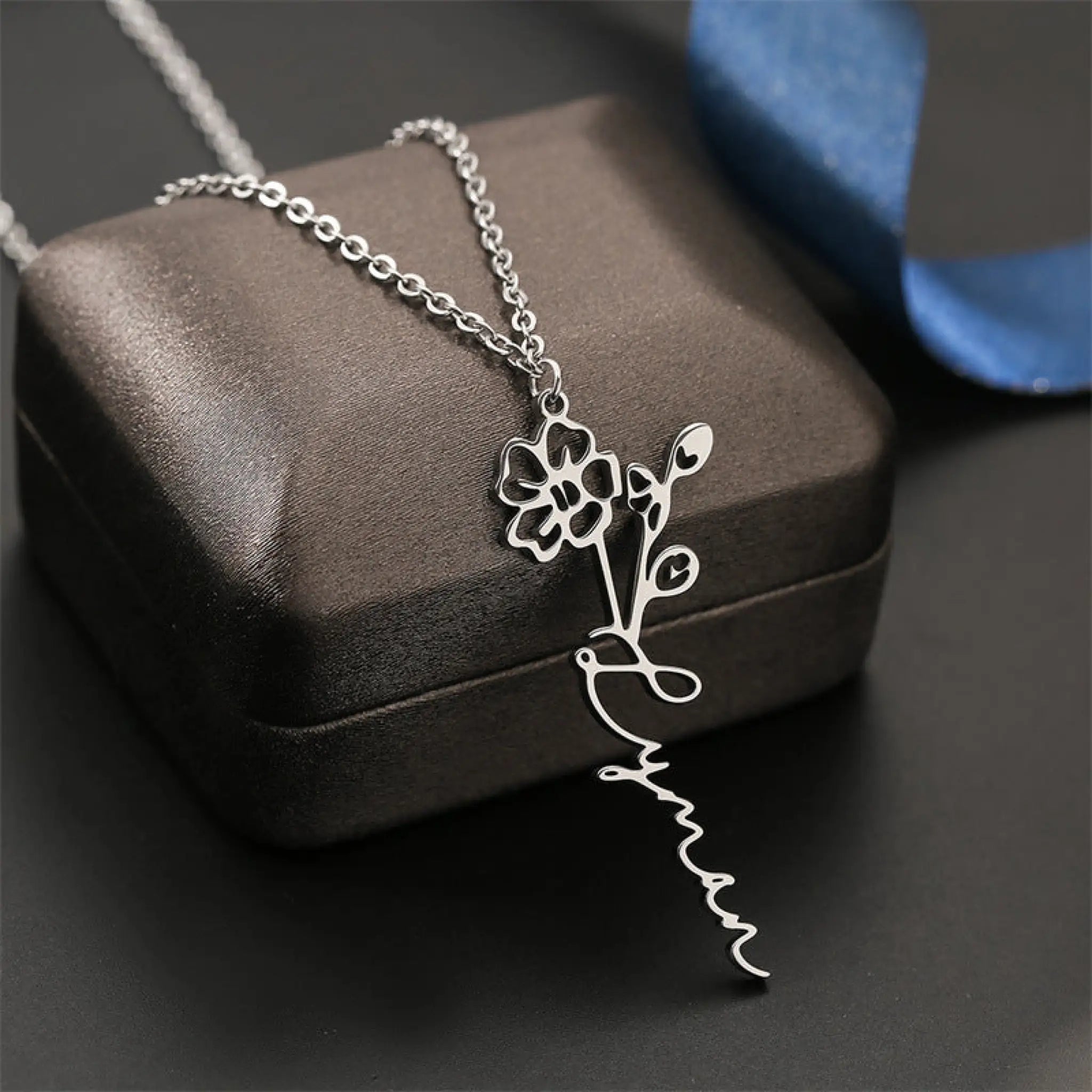 New Flower Name Letter Necklace Stainless Steel Pendant - Steel necklace - Necklace