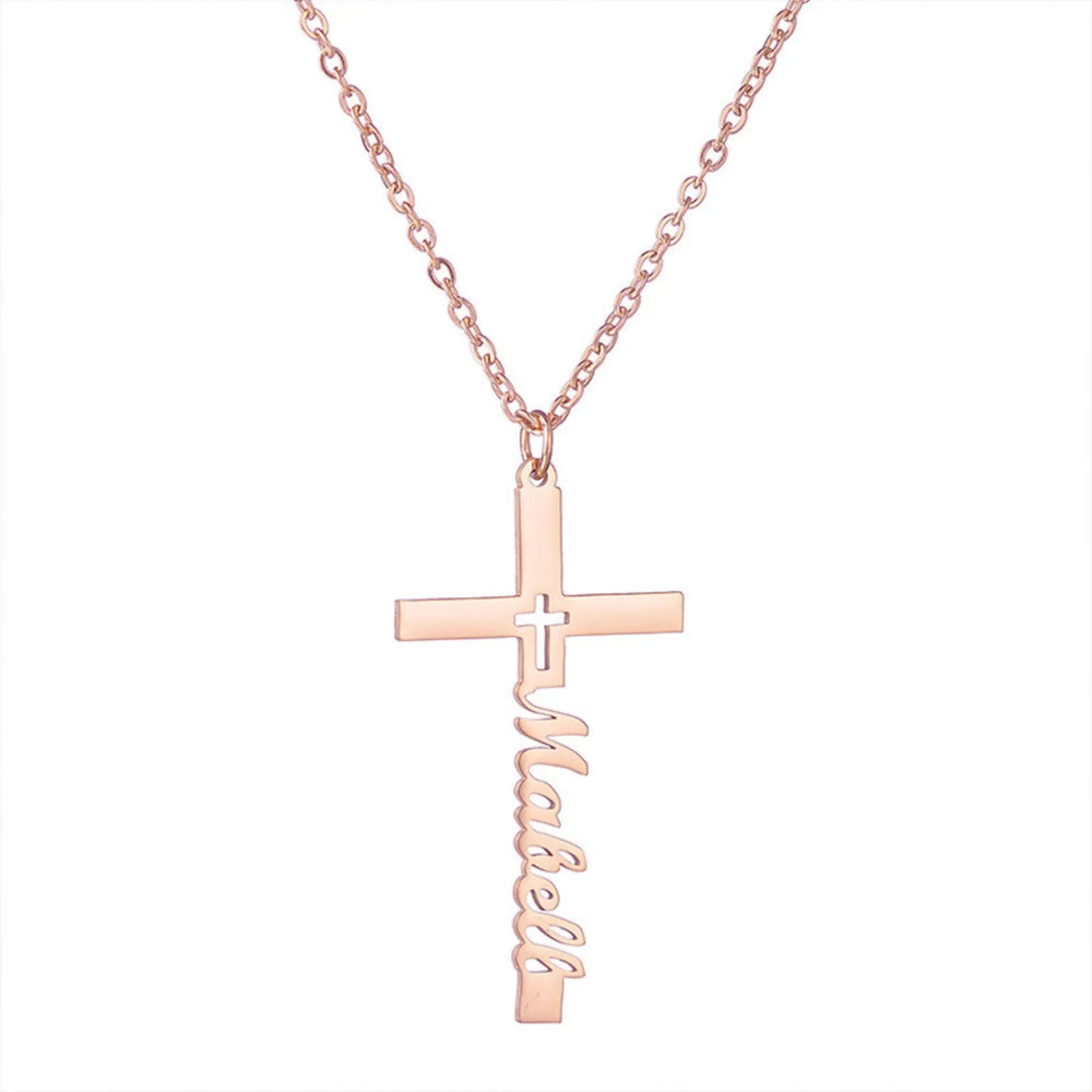 Niche Design Cross Necklace Stainless Steel English Name Clavicle Chain - Rose Gold - 7