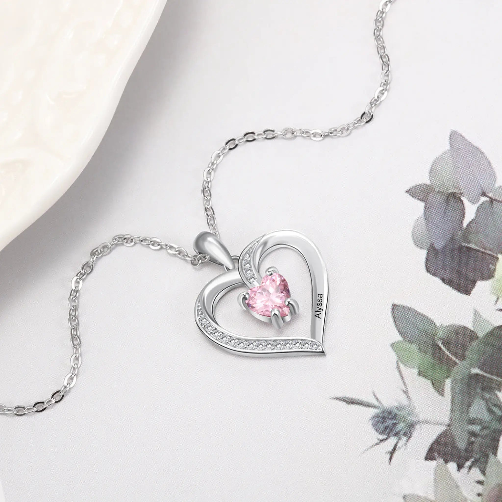 Personalized And Customizable Lettering Name Sterling Silver Heart-shaped Stone Necklace - White / 925silver - 7