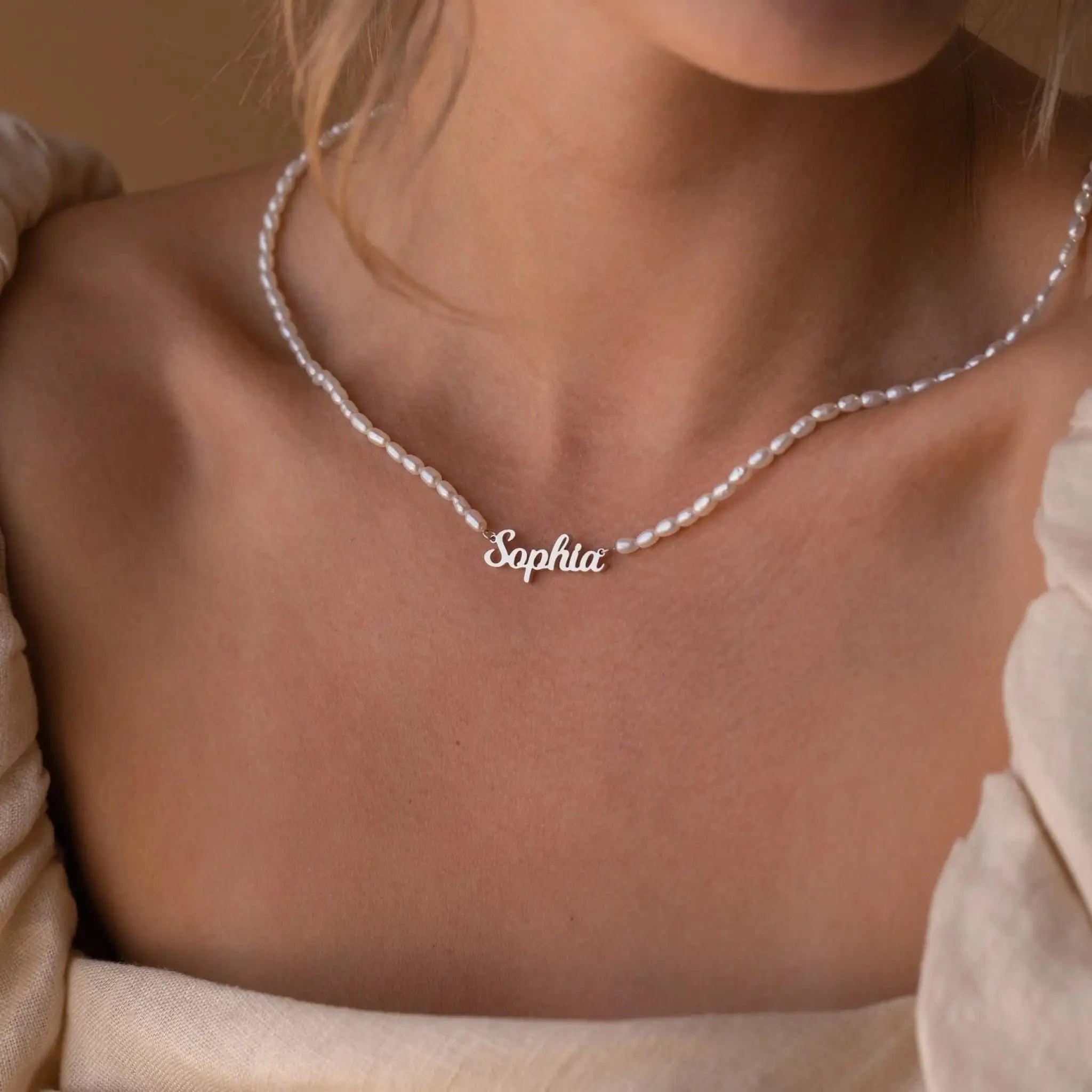 Personalized Custom Name Pendant Fashion Pearl Beaded Customized Nameplate Necklace - Silver / 30cm plus 5cm extension