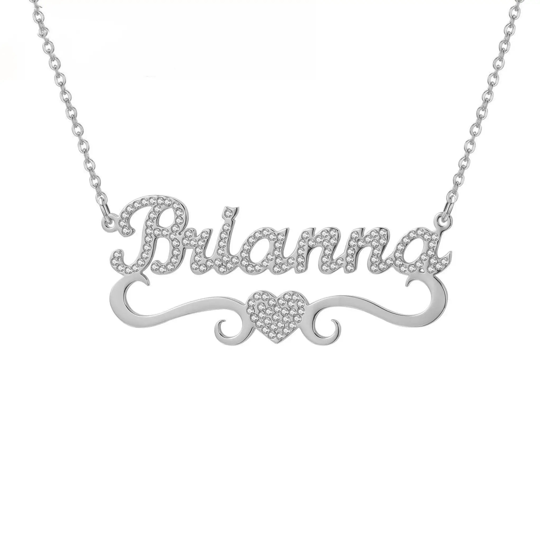 Personalized Heart Iced Out Name Necklace Butterfly Pendants - Sliver without diamonds - Necklace
