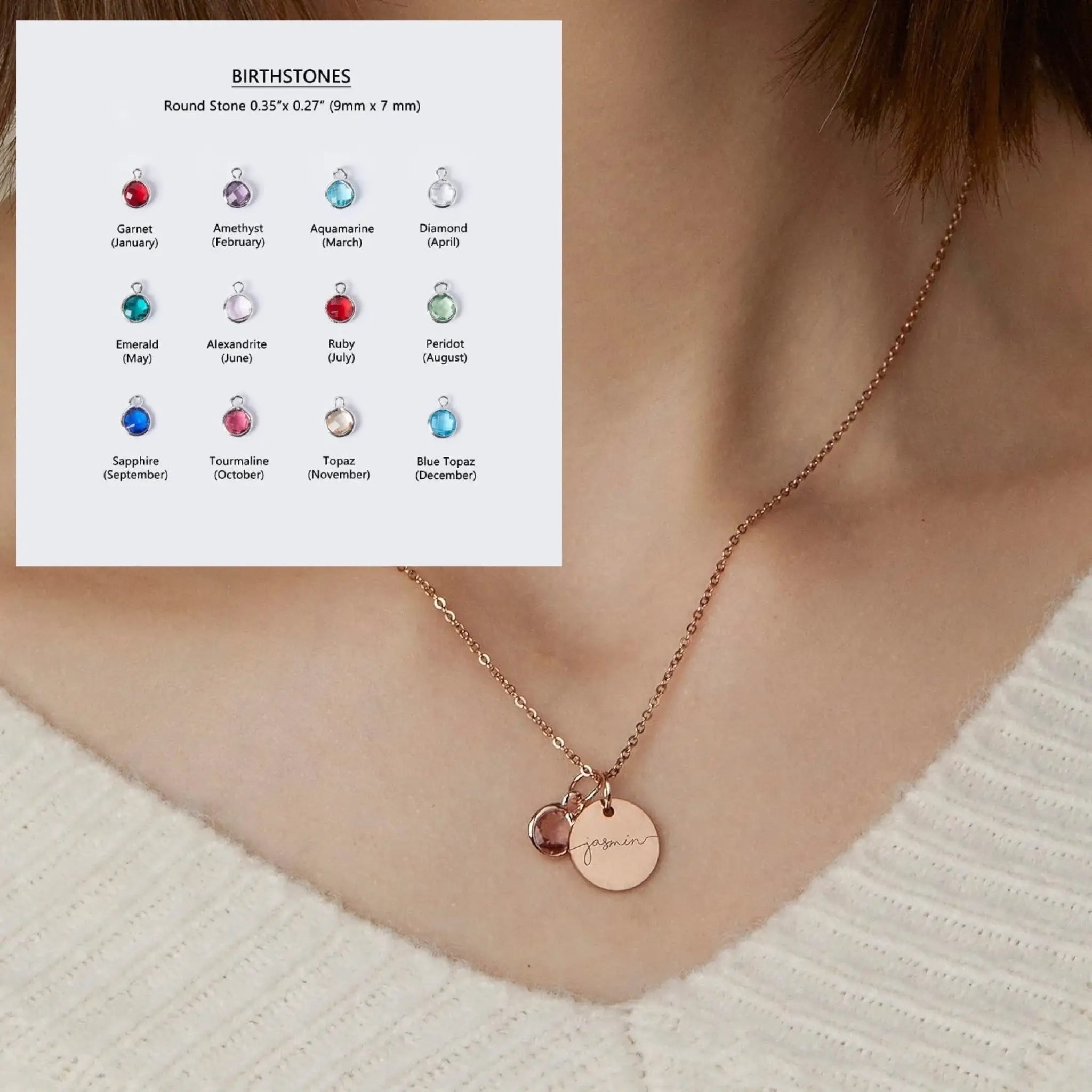 Personalized Name Engraving Necklace Birthstone Pendants Stackable Jewelry Birthday Gift - Rose Gold / January