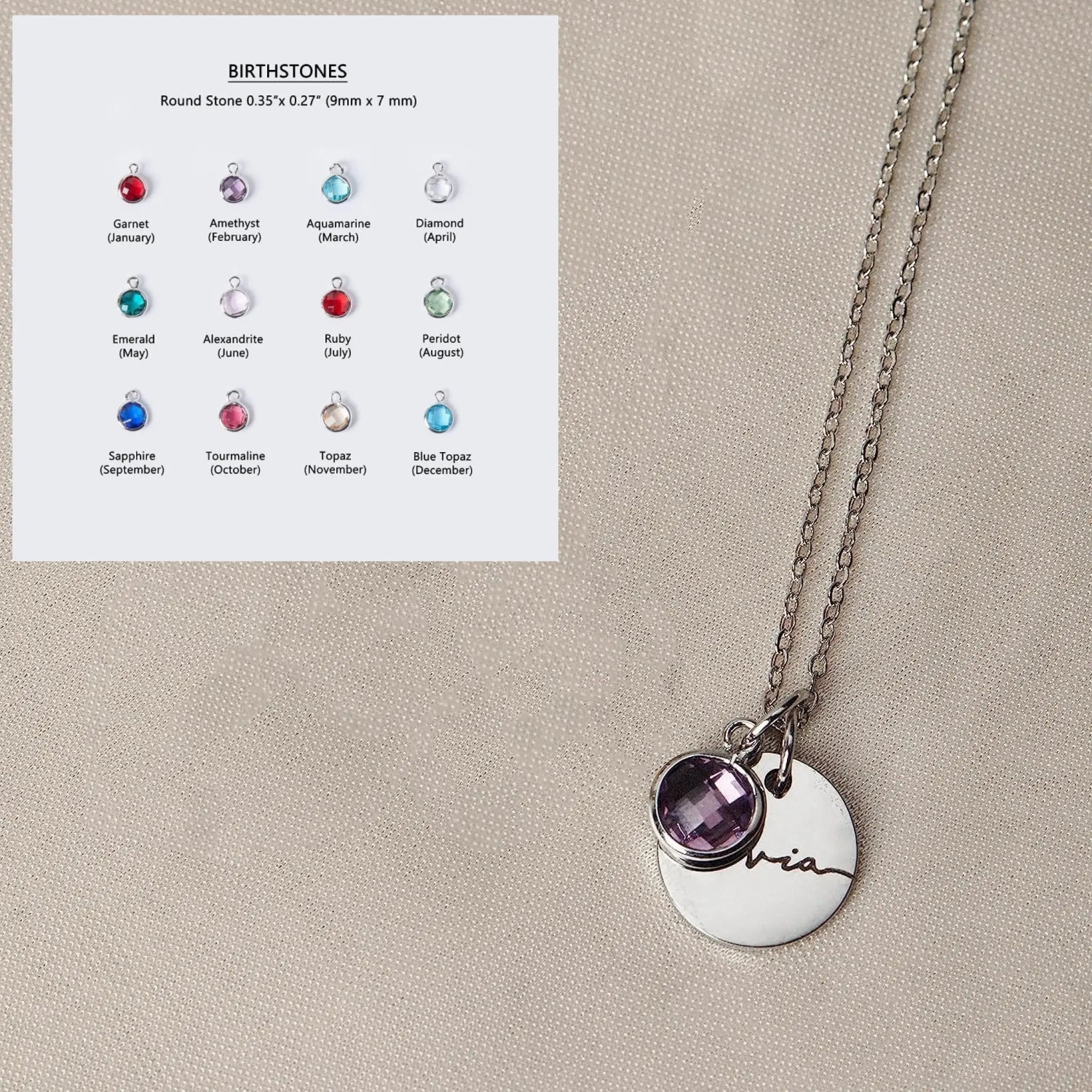 Personalized Name Engraving Necklace Birthstone Pendants Stackable Jewelry Birthday Gift - Silver / January - Necklace