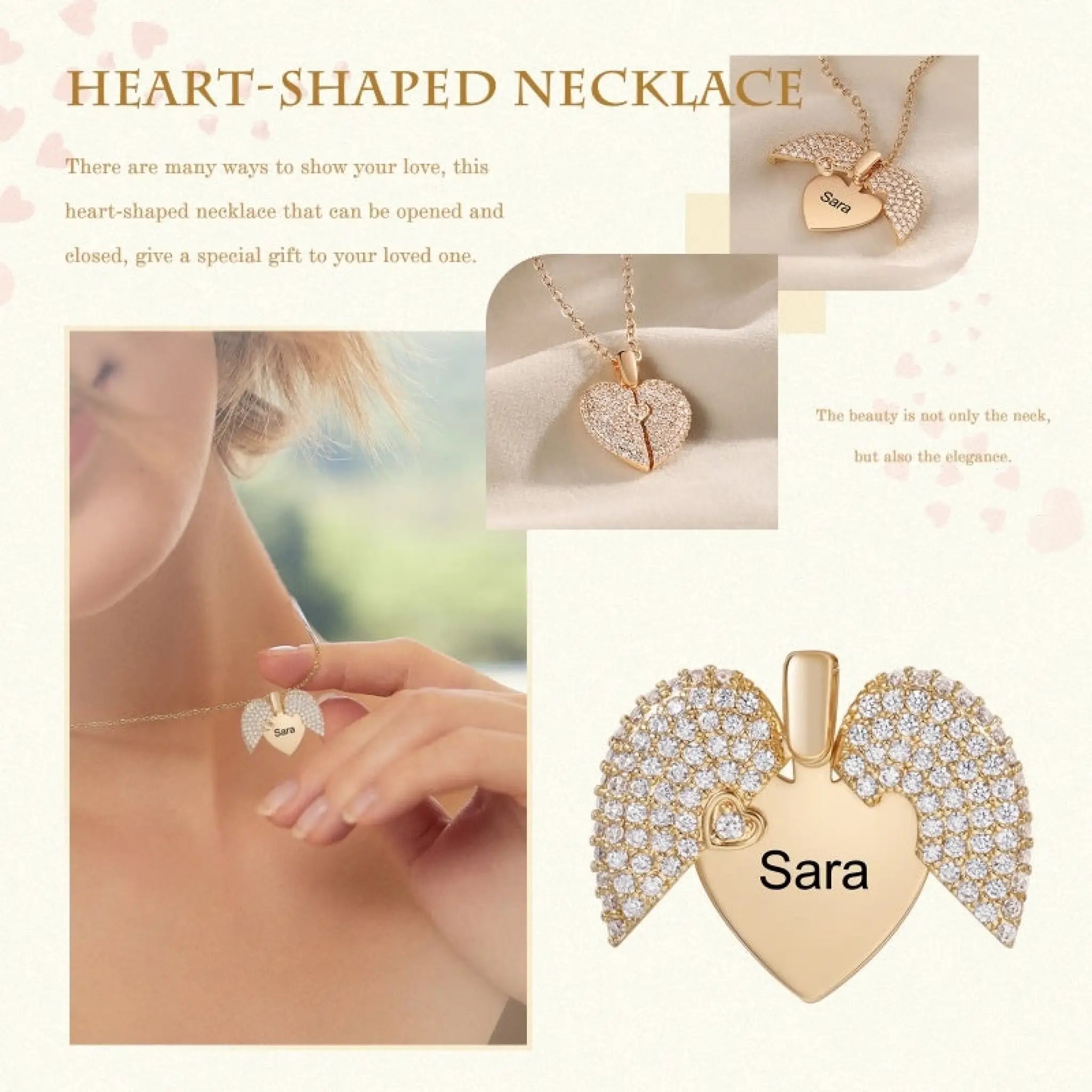 Personalized Name Heart Locket Necklace Zirconia Paved Custom Engraved Pendant Christmas Gifts - True gold heart full