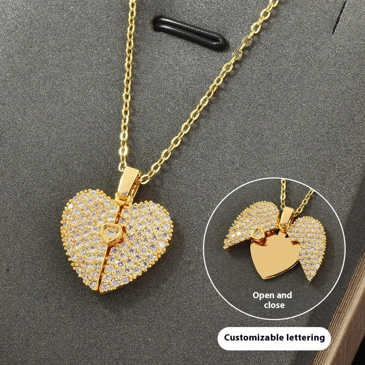 Personalized Name Heart Locket Necklace Zirconia Paved Custom Engraved Pendant Christmas Gifts - True gold heart full
