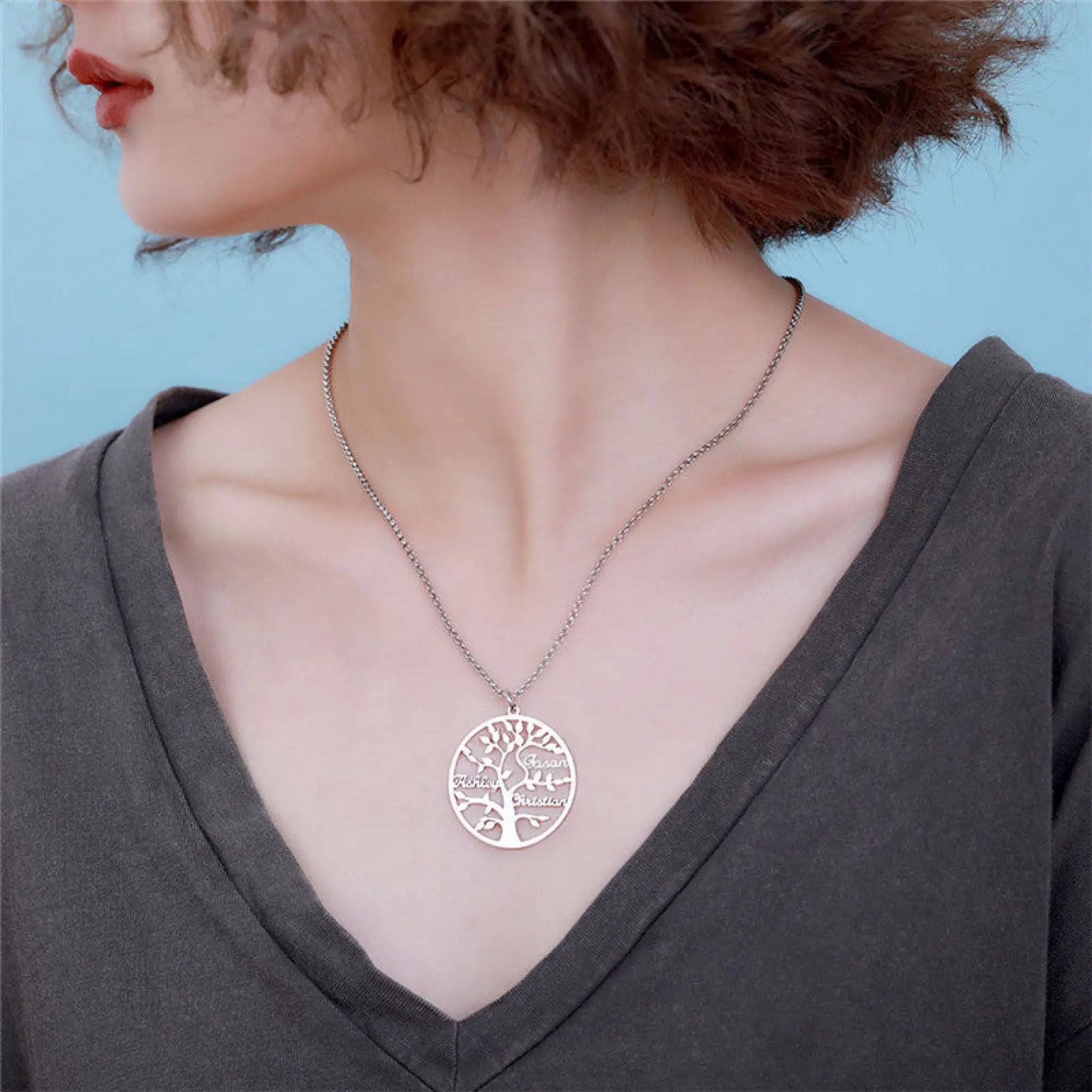 Rose Gold Family Tree Name Necklace Tree Of Life Stainless Steel Customised Necklace - 7