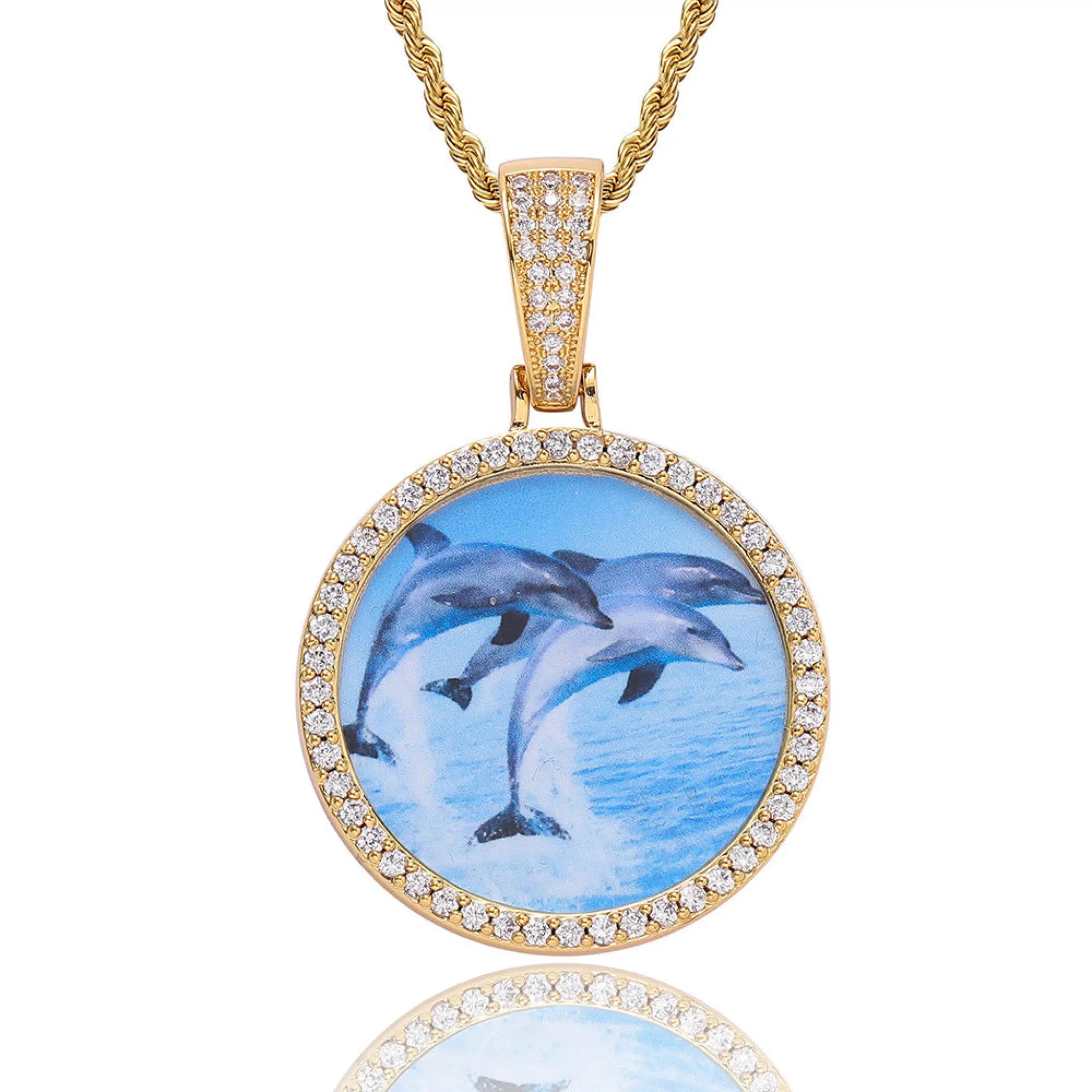 Round Photo Pendant Microset Zircon Men’s Necklace - Gold small / Rope Chain / 18inchX 3mm - 7